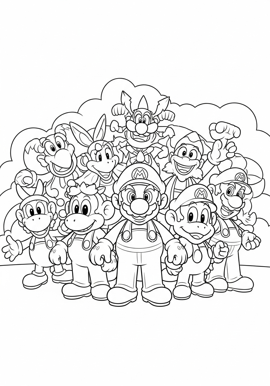 Desenho do Mario com Luigi e outros personagens para colorir