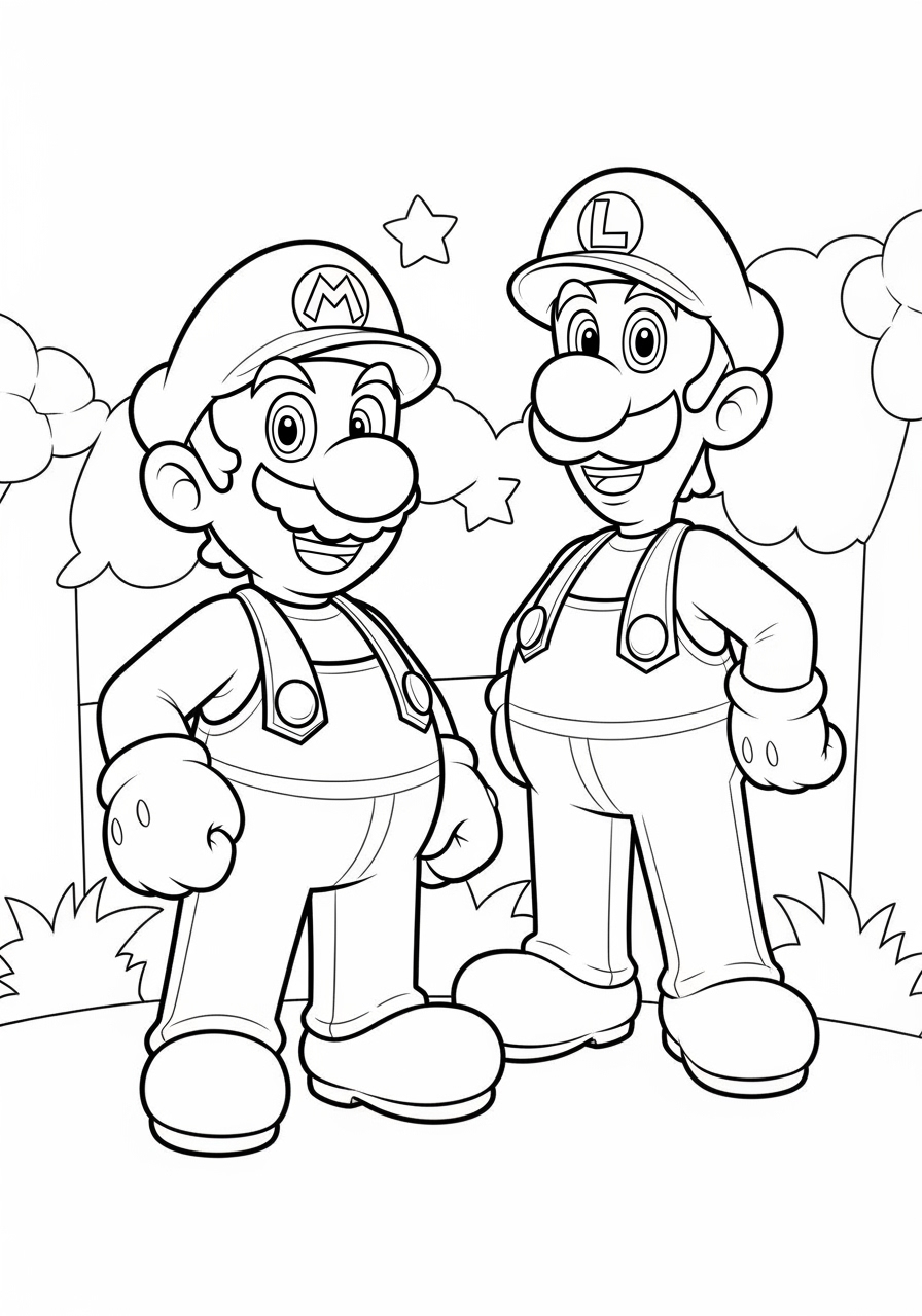 Desenho do Mario e Luigi sorrindo juntos para colorir