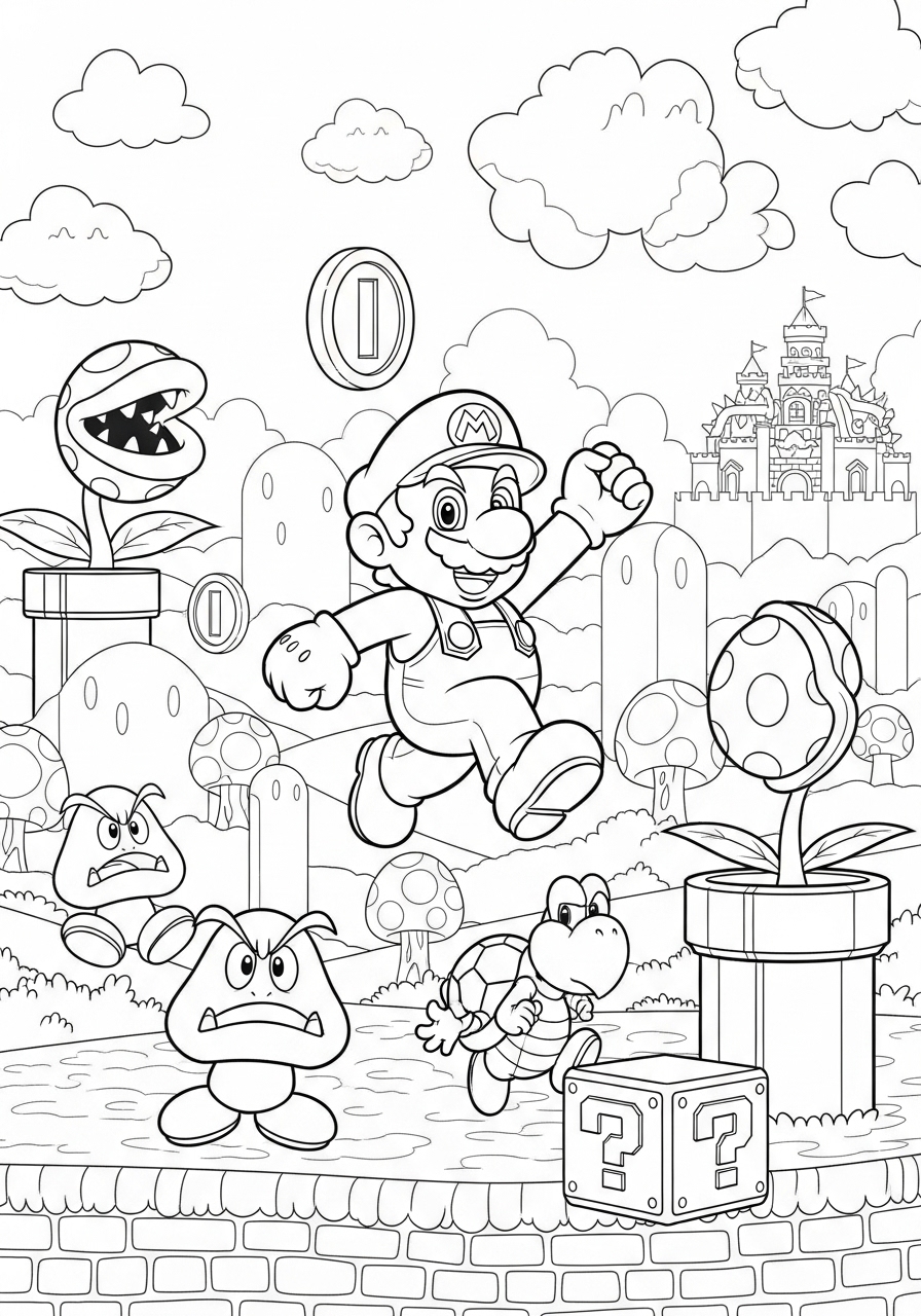 Desenho do Mario saltando entre inimigos e elementos do jogo