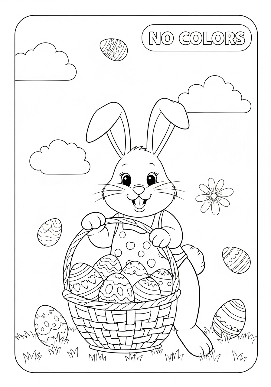 Desenho de coelho segurando cesta com ovos de Páscoa