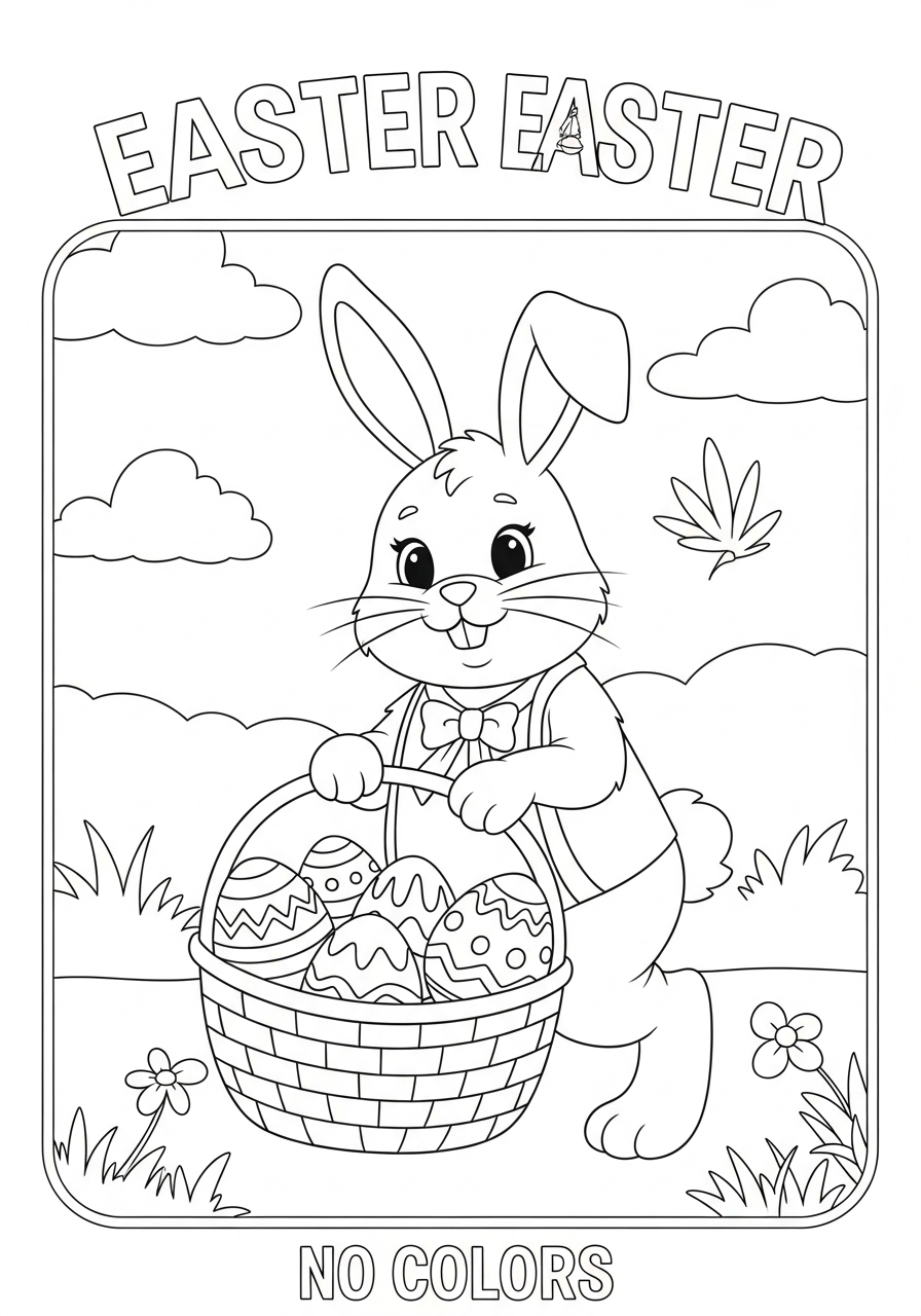 Desenho de coelho segurando cesta com ovos para colorir