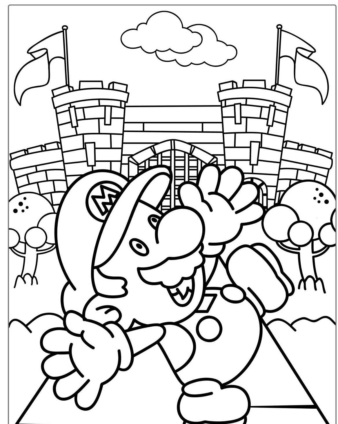 Desenho do Mario sorrindo em frente ao castelo para colorir