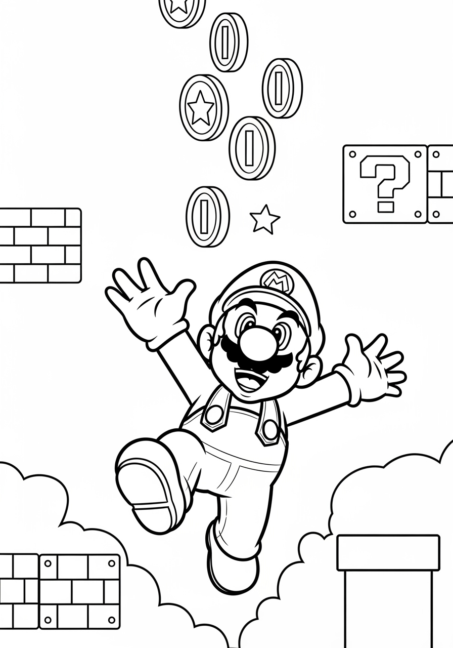 Desenho do Mario pulando e coletando moedas para colorir