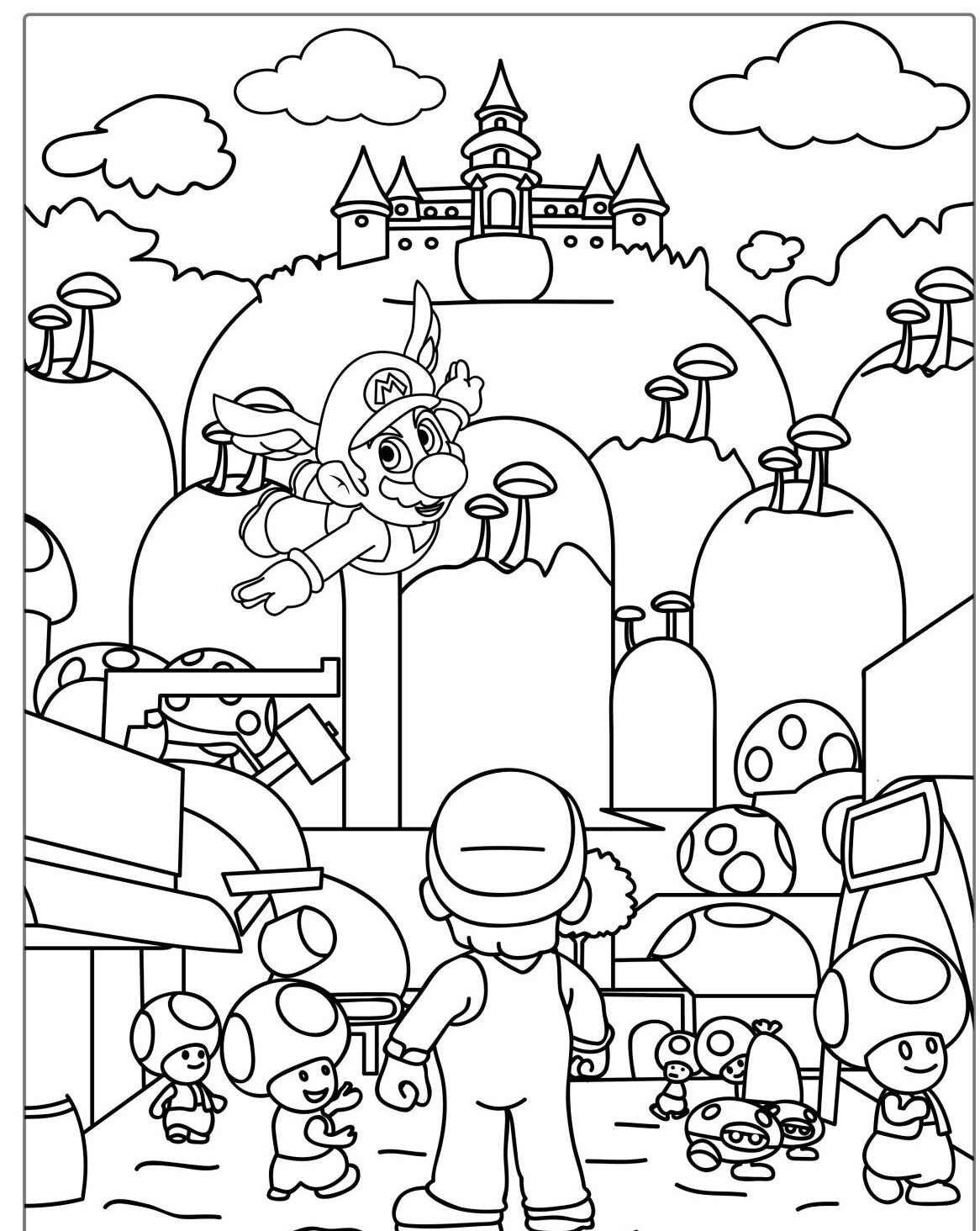 Desenho do Mario e Luigi em um mundo com cogumelos