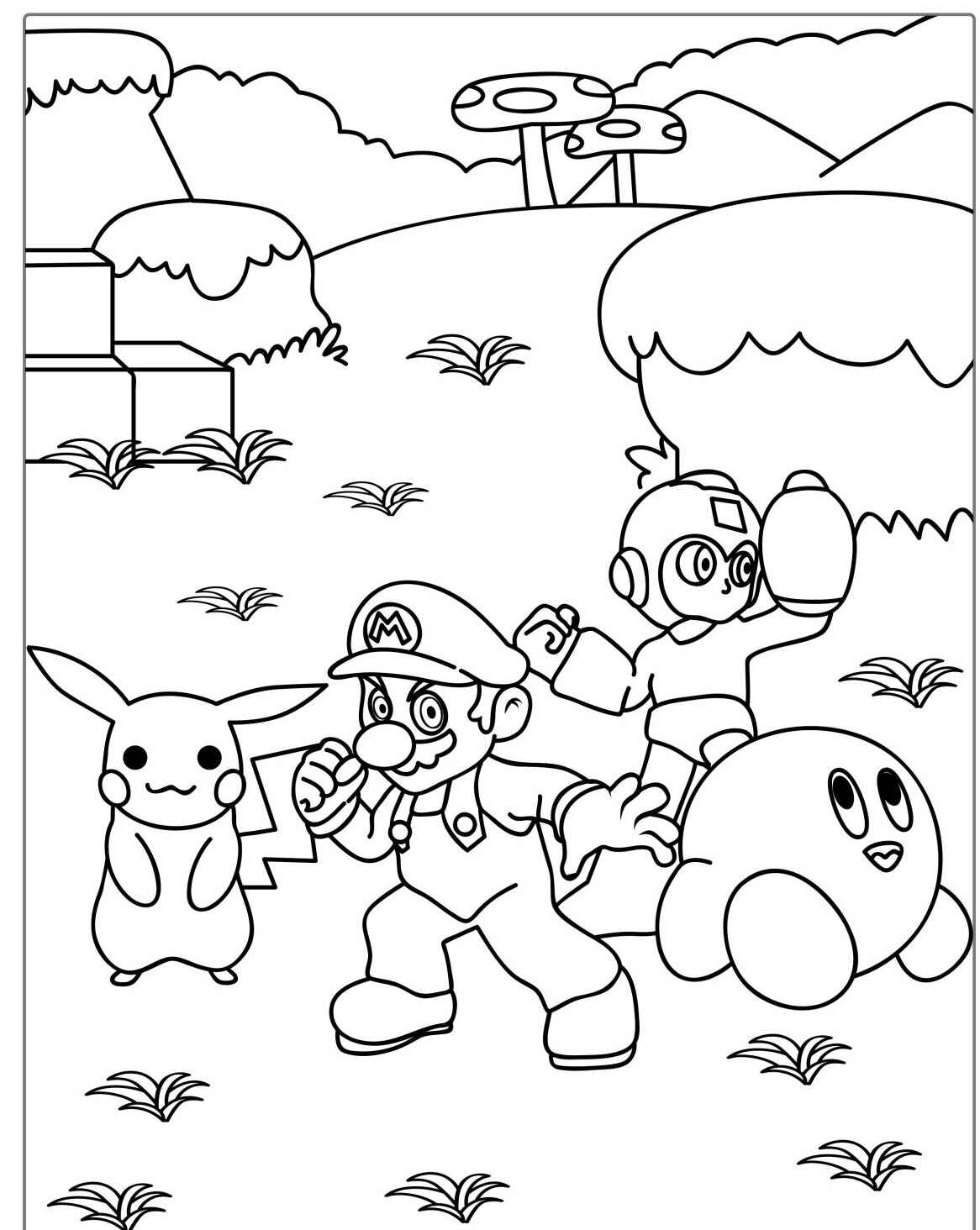 Desenho do Mario com Pikachu e Kirby em um cenário divertido