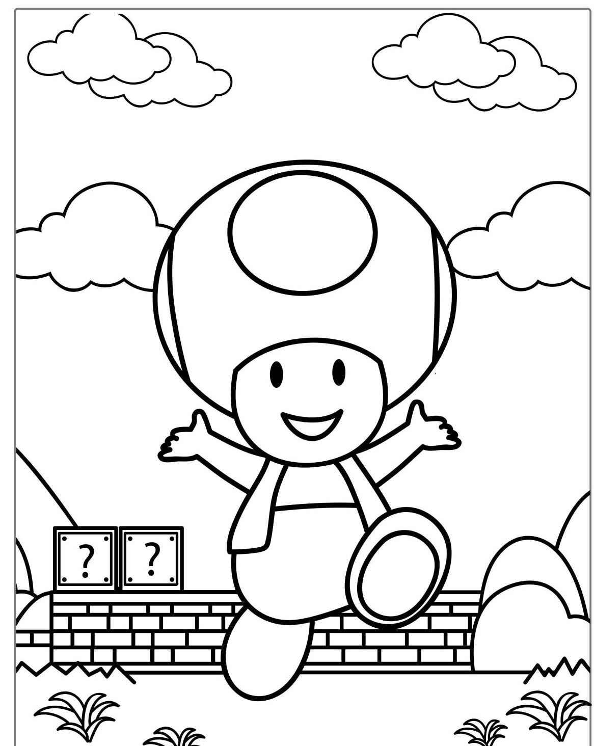 Desenho do Toad saltando com fundo de nuvens para colorir