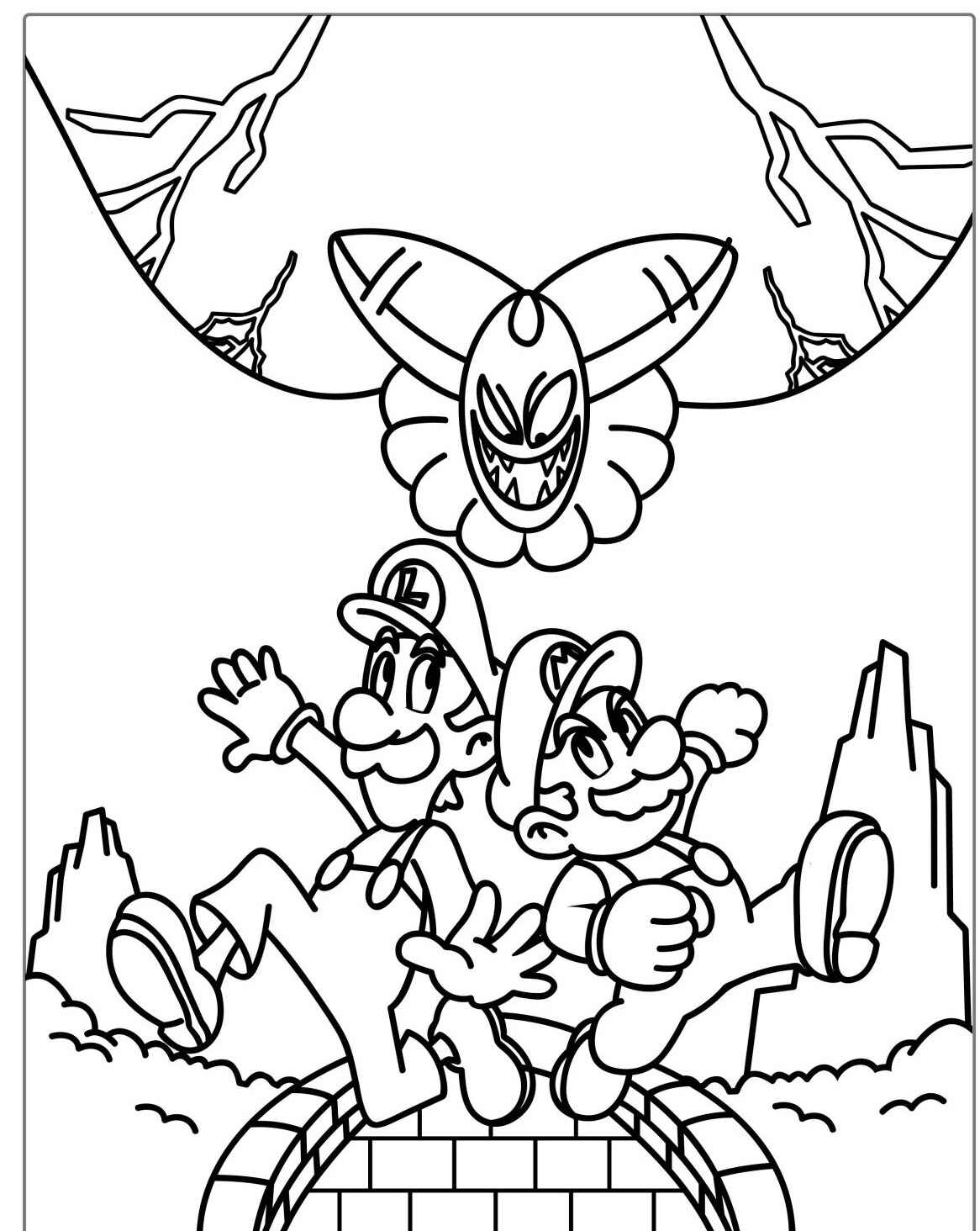 Desenho do Mario e Luigi sorrindo em um cenário para colorir