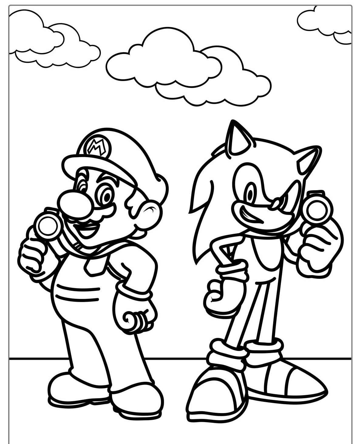 Desenho do Mario e Sonic segurando relógios para colorir