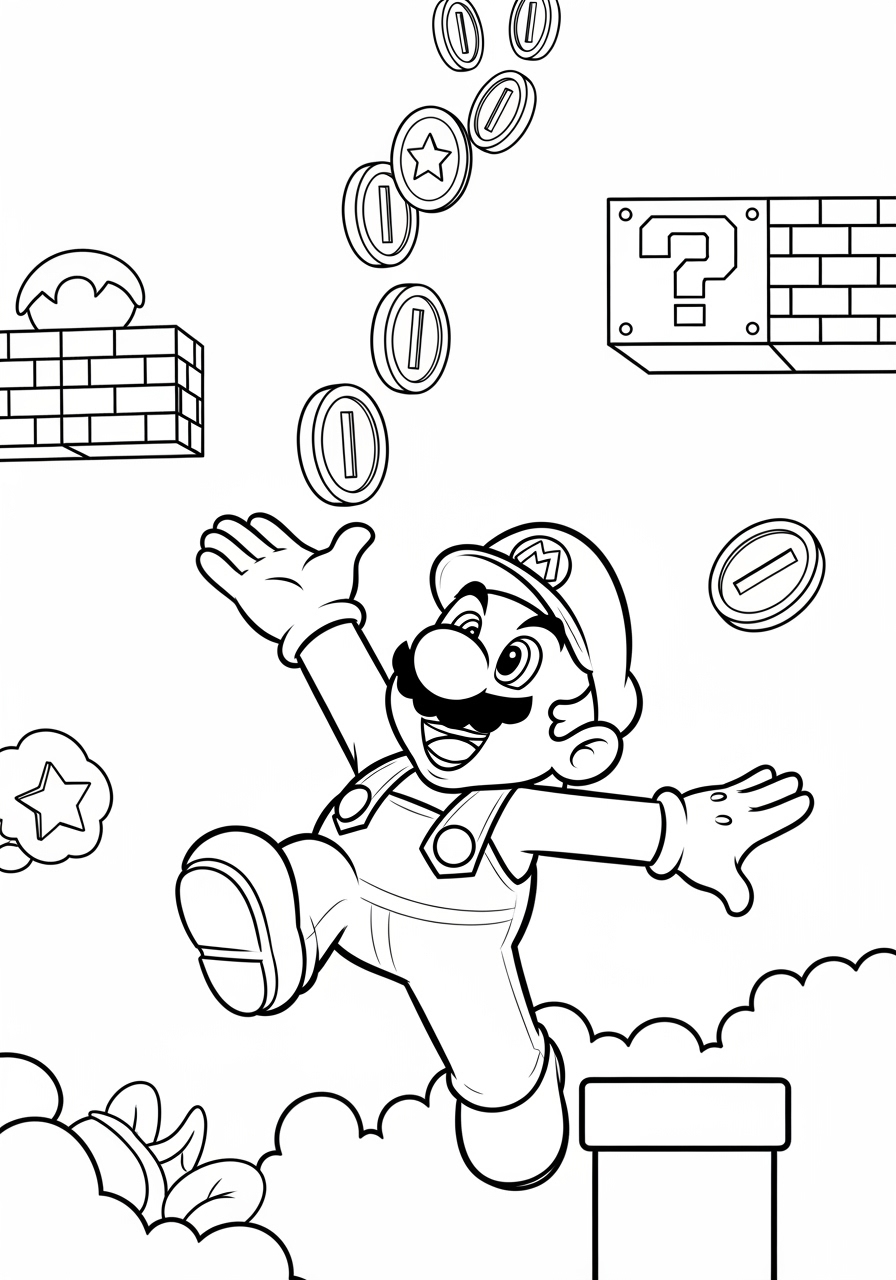 Desenho do Mario colecionando moedas para colorir