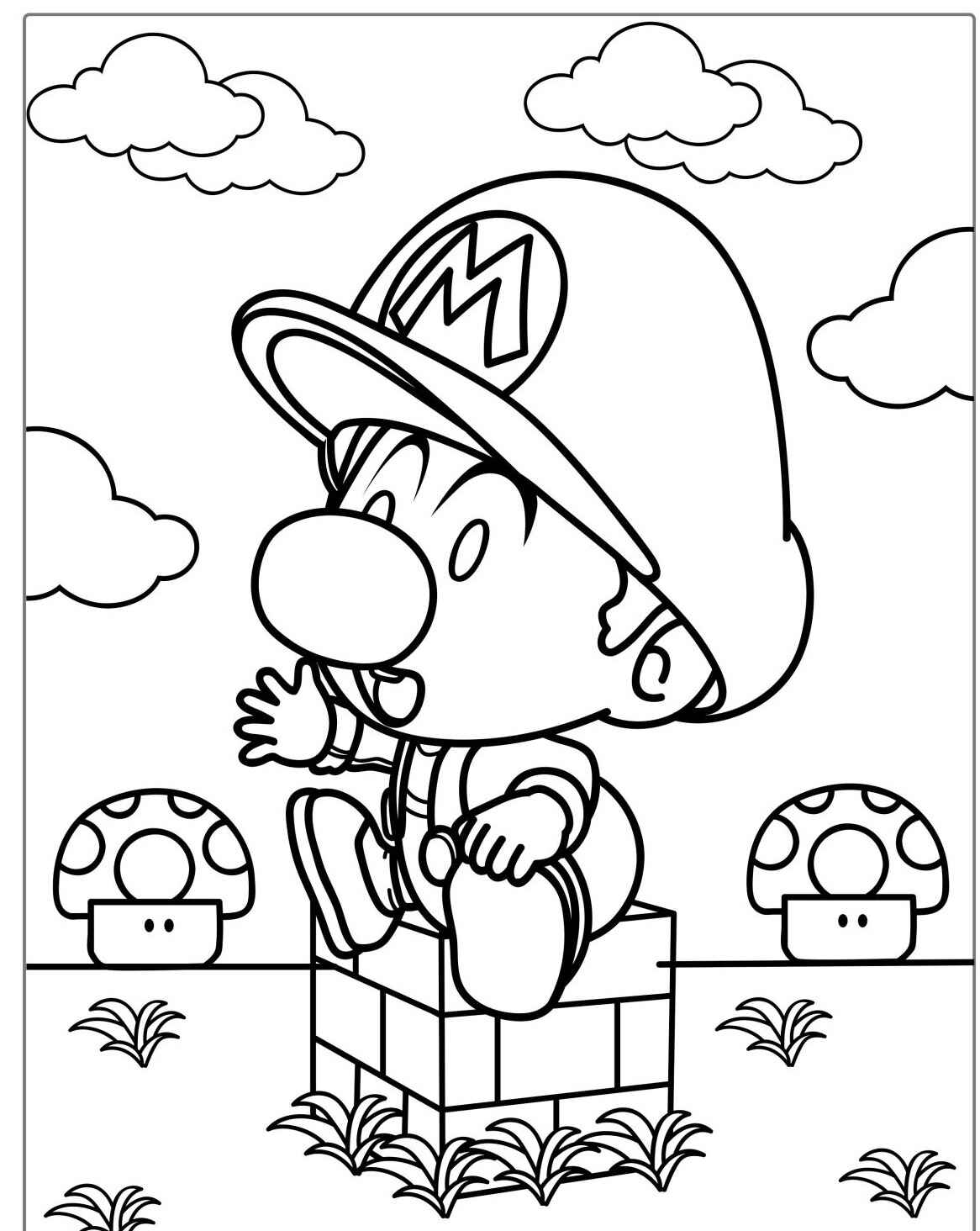 Desenho do Mario sentado em bloco para colorir