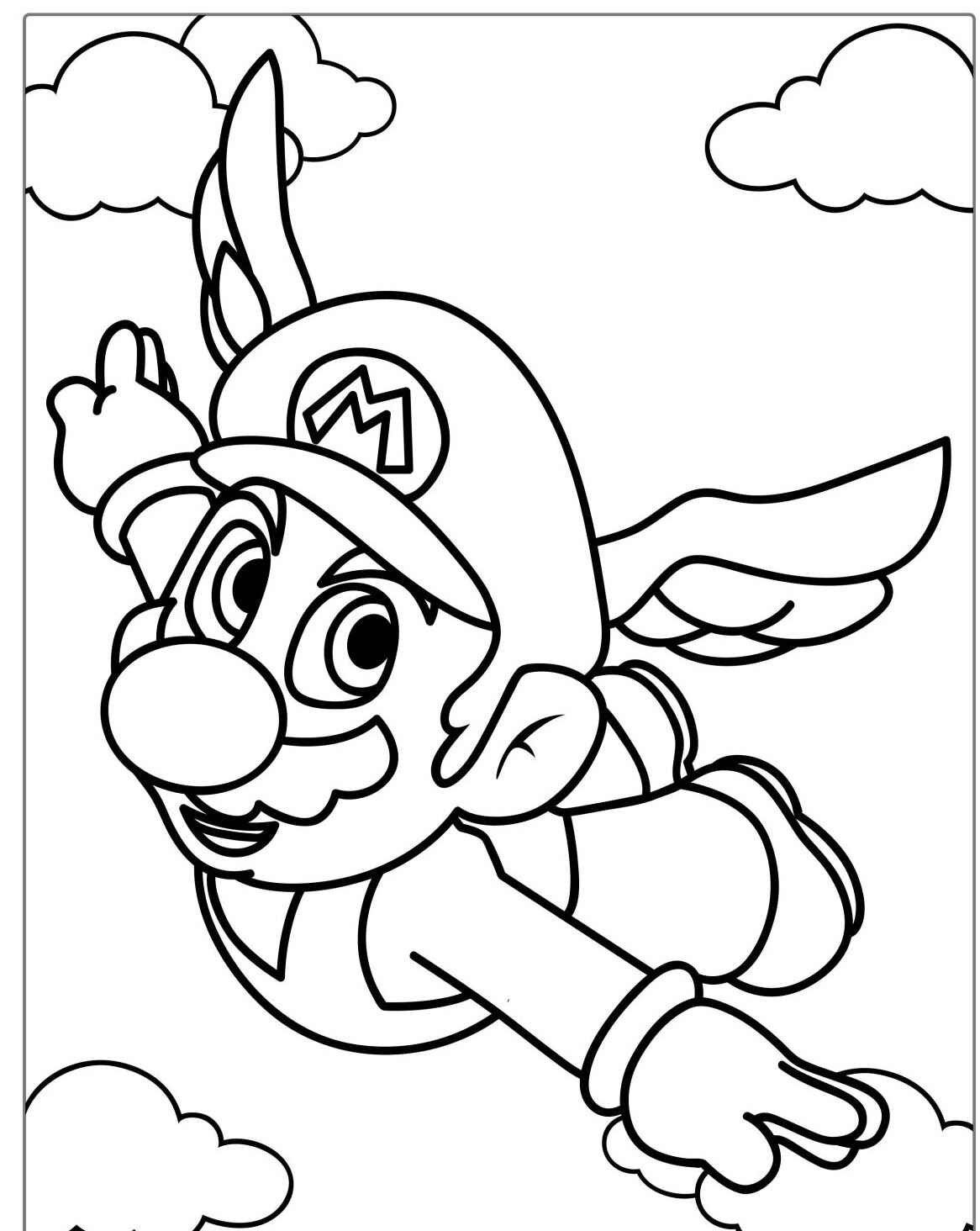 Desenho do Mario voando com asas em um céu nublado