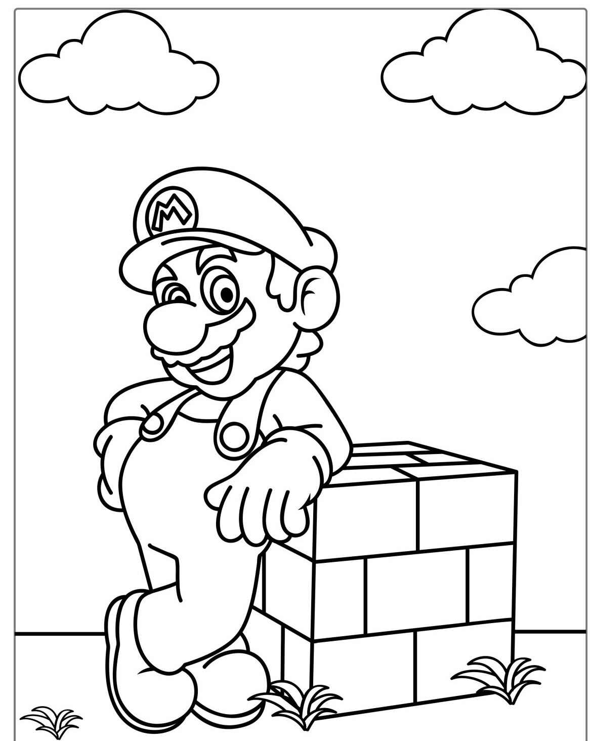 Desenho do Mario posando ao lado de um bloco para colorir