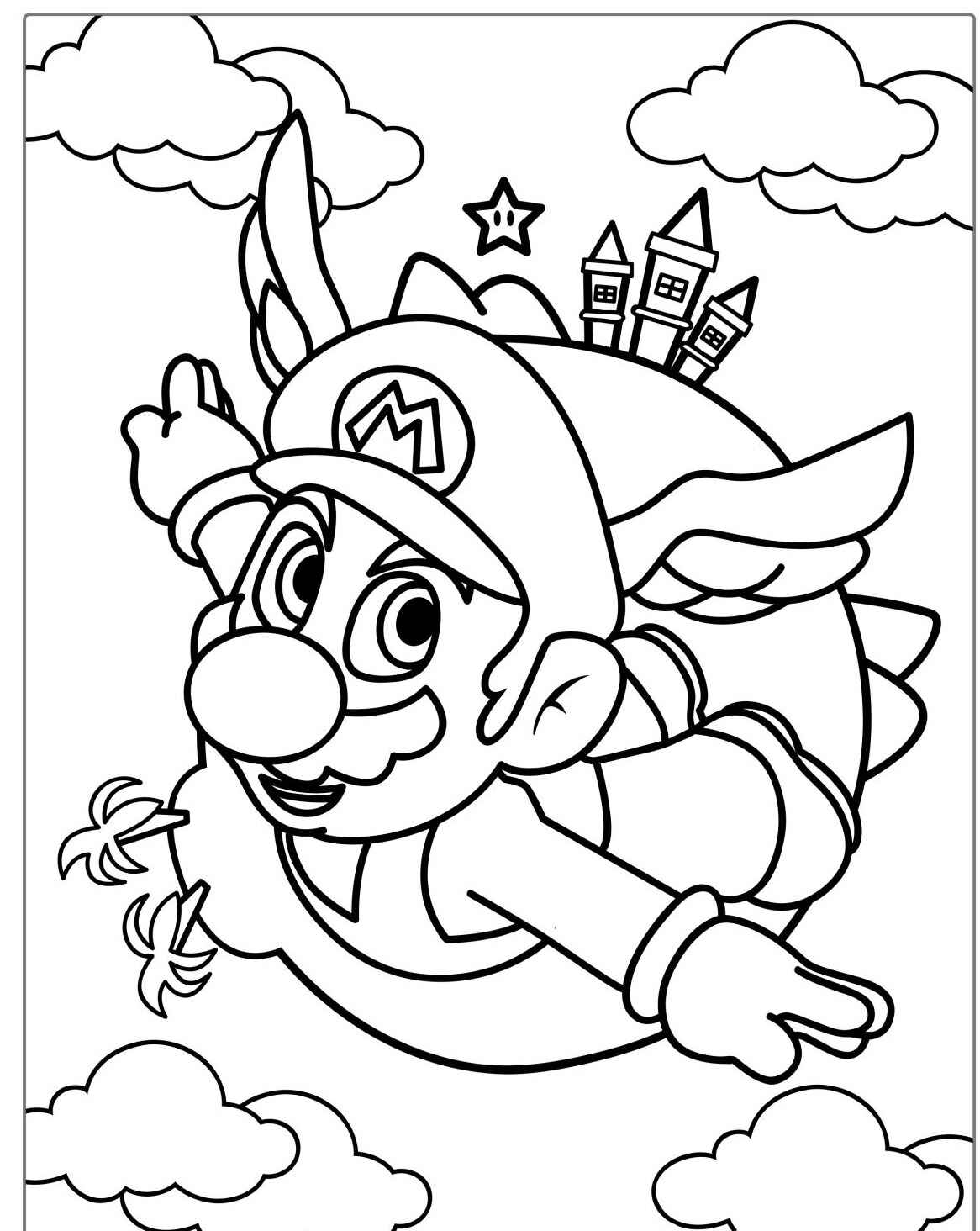 Desenho do Mario voando com asas em meio a nuvens para colorir