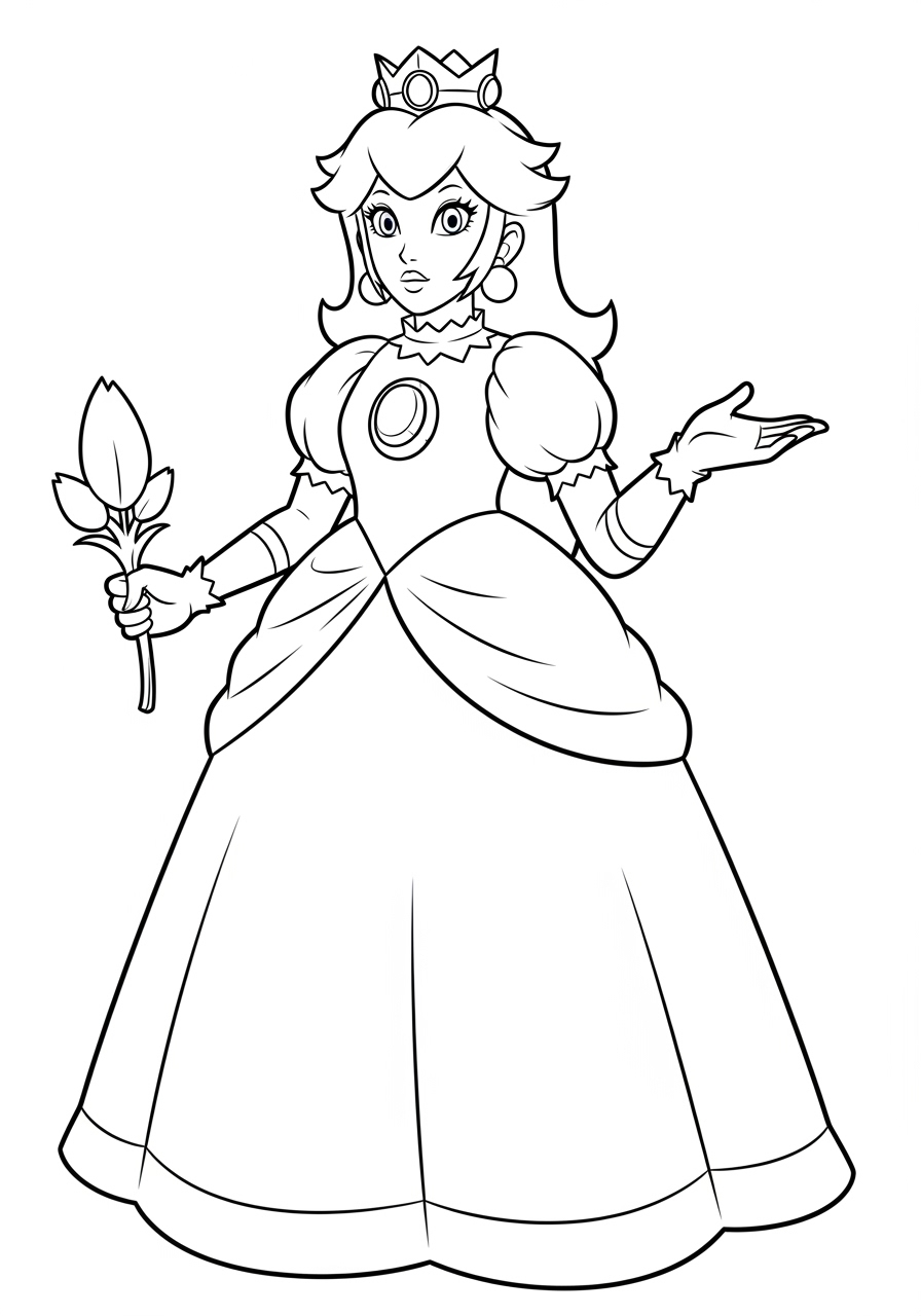 Desenho da Princesa Peach segurando uma flor para colorir