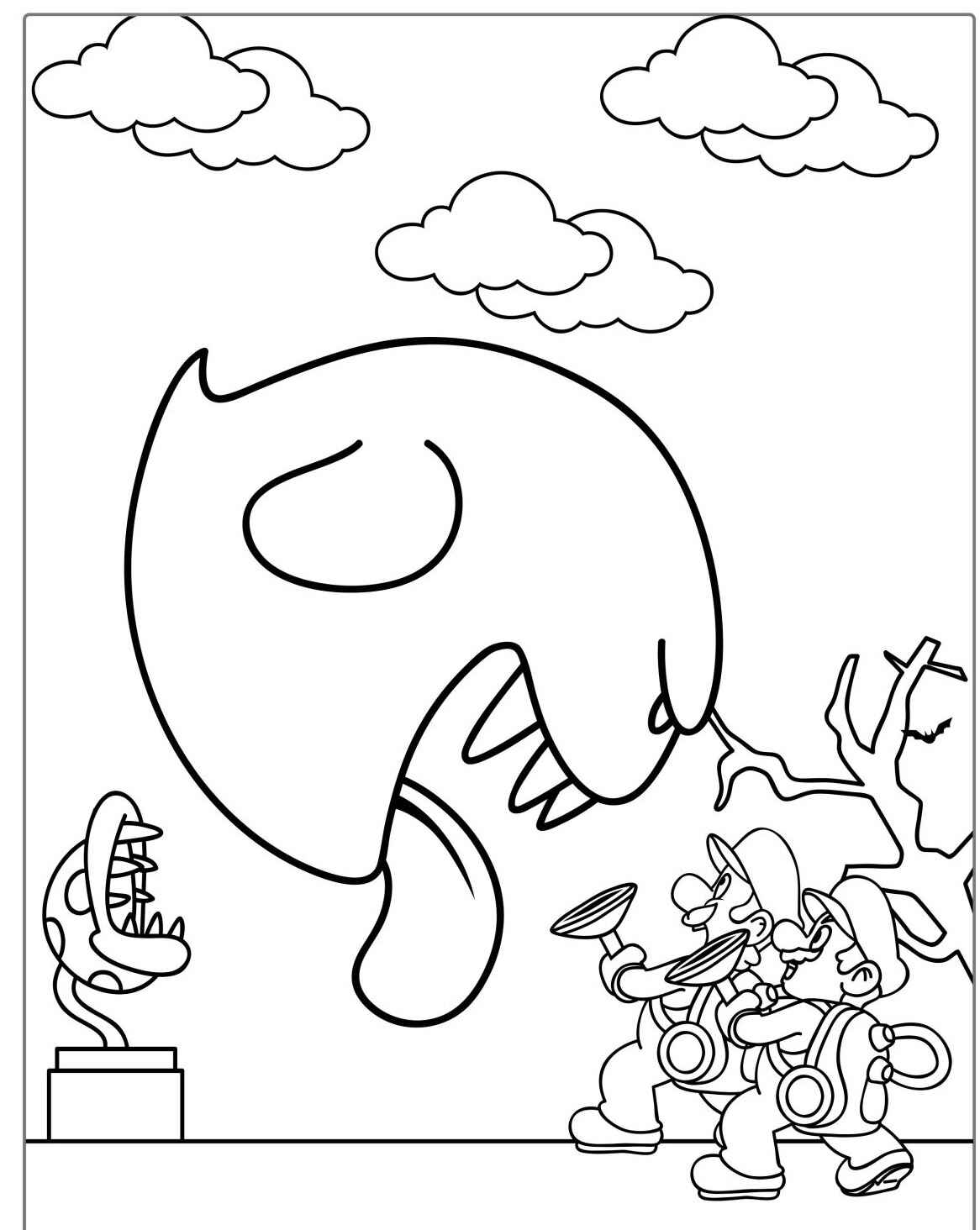 Desenho do Mario e Luigi enfrentando um fantasma para colorir