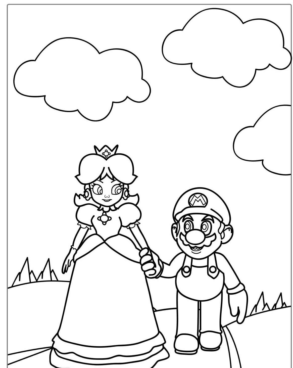 Desenho do Mario e Princesa Peach de mãos dadas para colorir