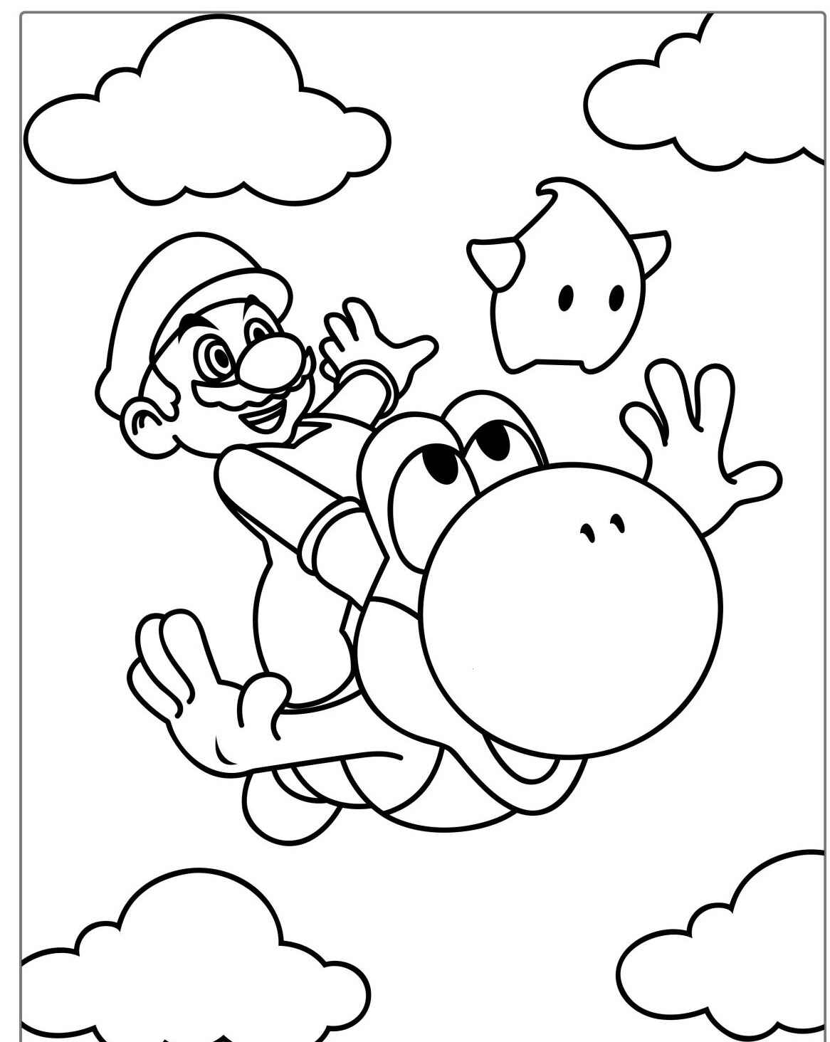 Desenho do Mario e Yoshi voando entre nuvens para colorir