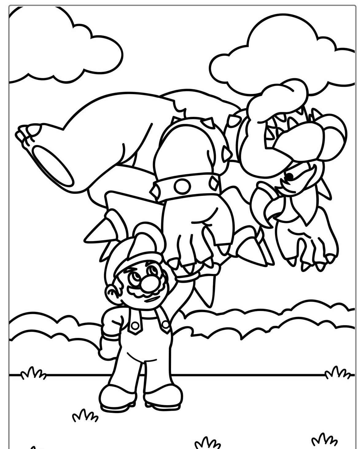 Desenho do Mario levantando Bowser para colorir