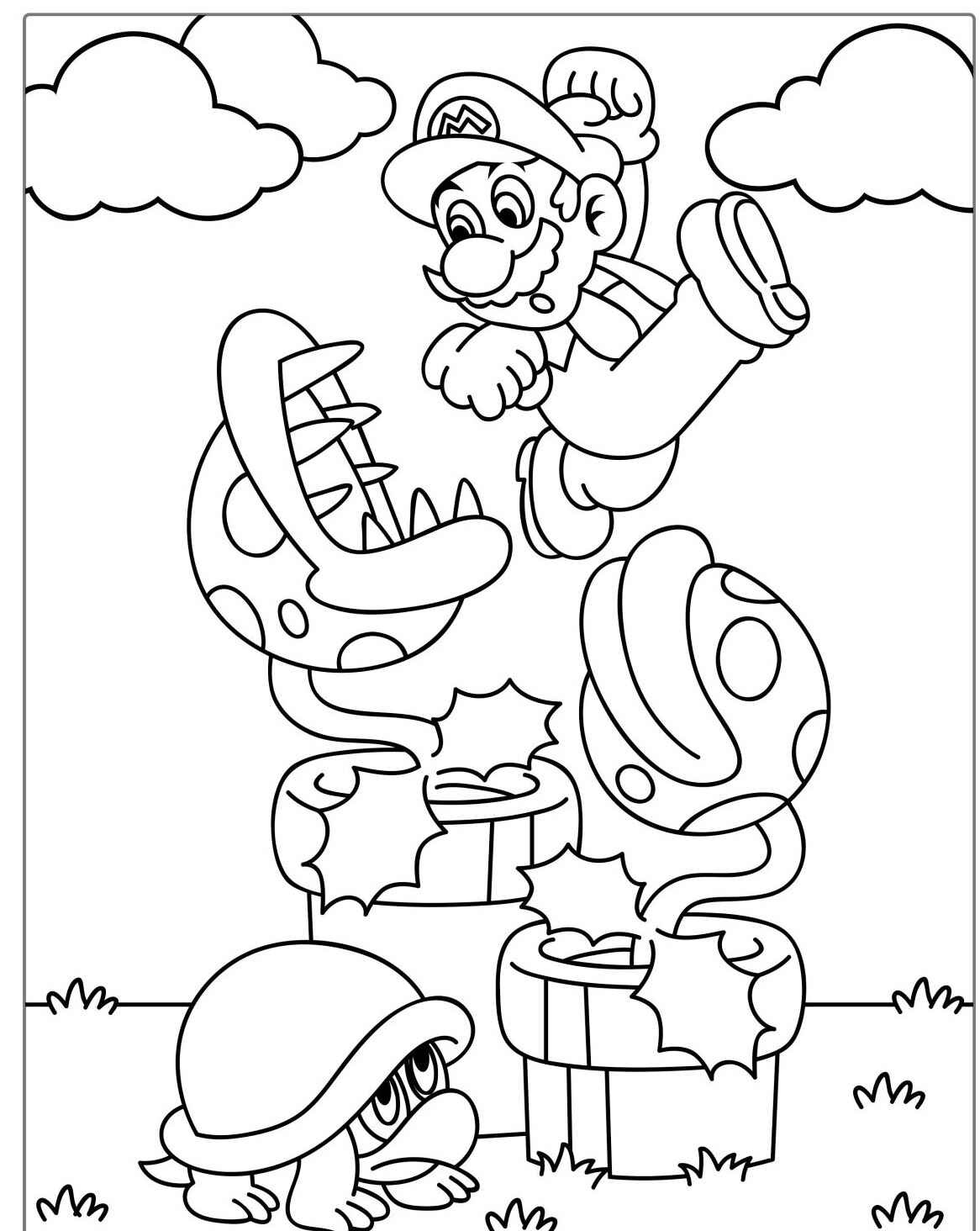 Desenho do Mario pulando sobre Plantas Piranha para colorir