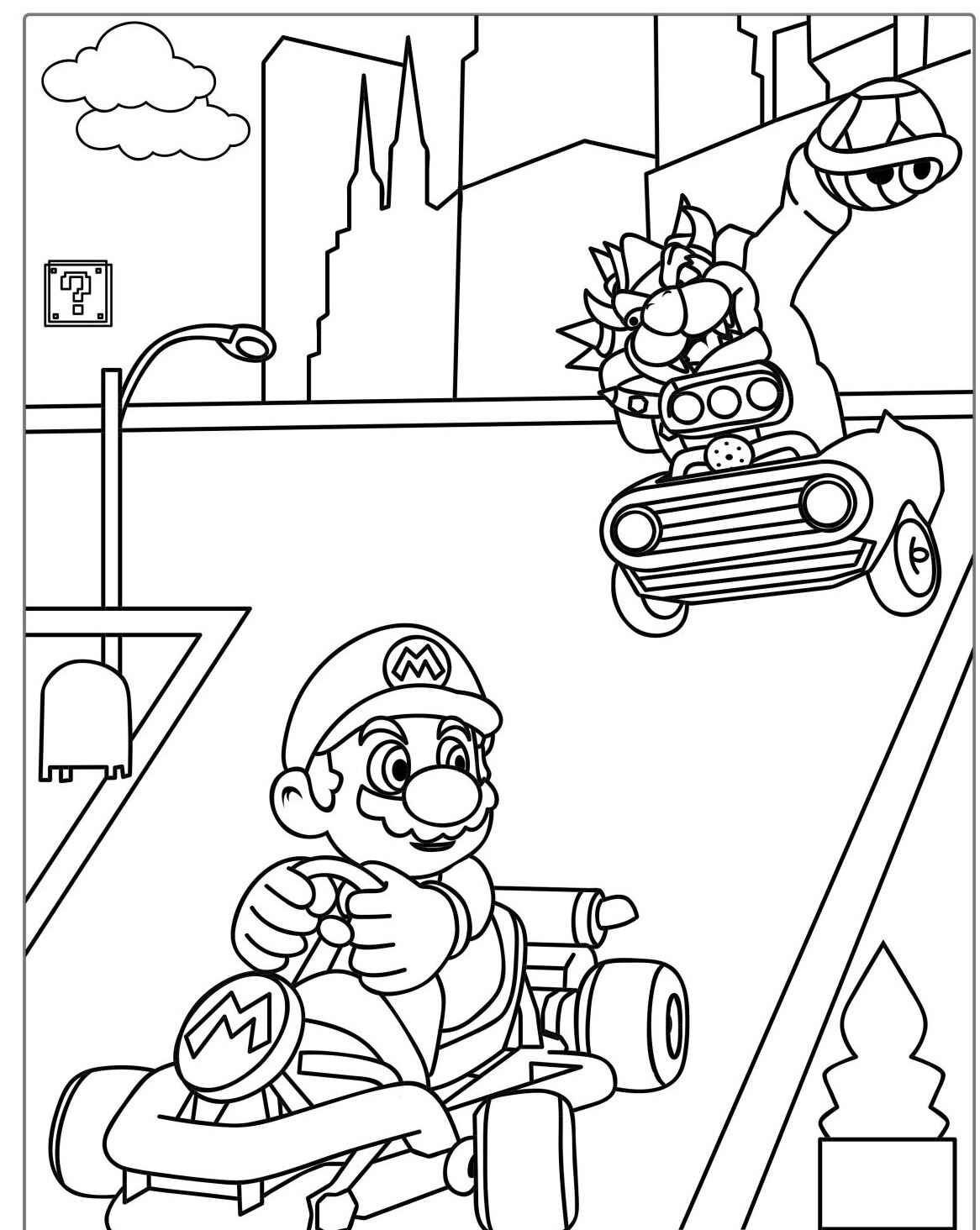 Desenho do Mario dirigindo kart enquanto Bowser o persegue