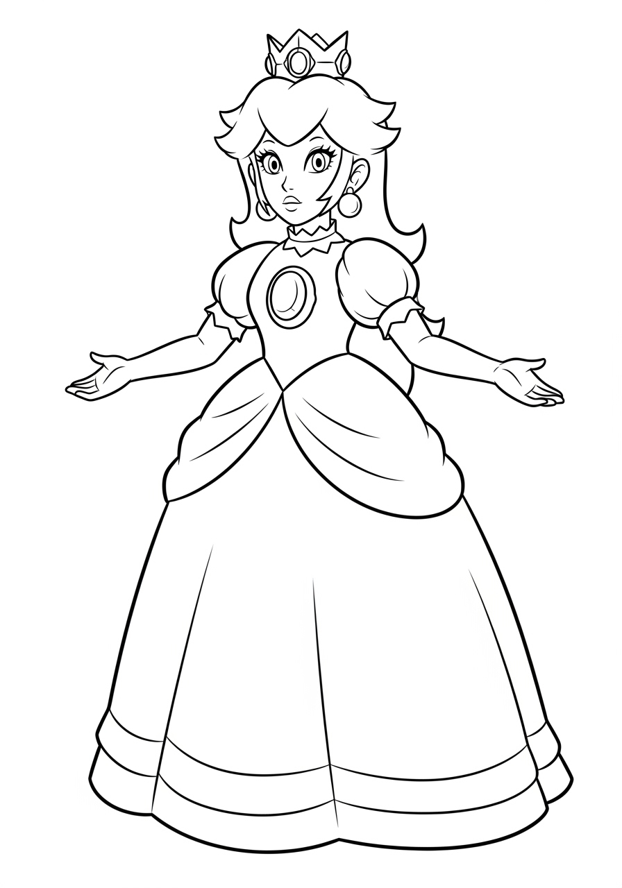 Desenho da Princesa Peach com vestido longo para colorir