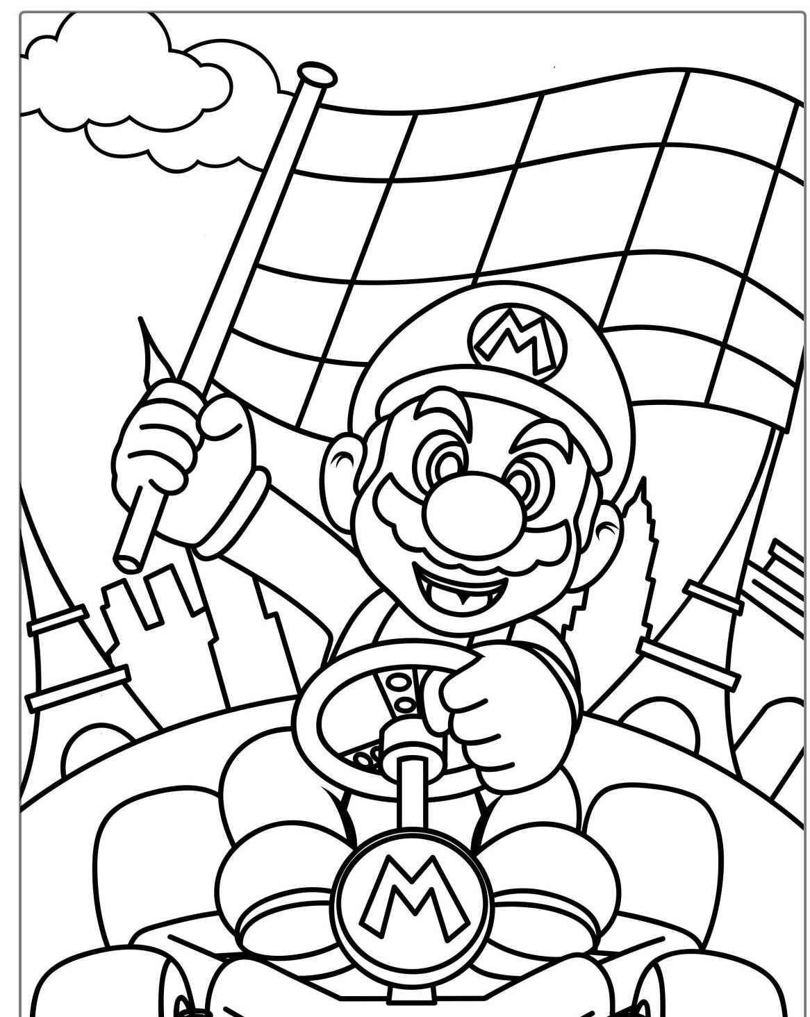 Desenho do Mario dirigindo kart e segurando bandeira para colorir