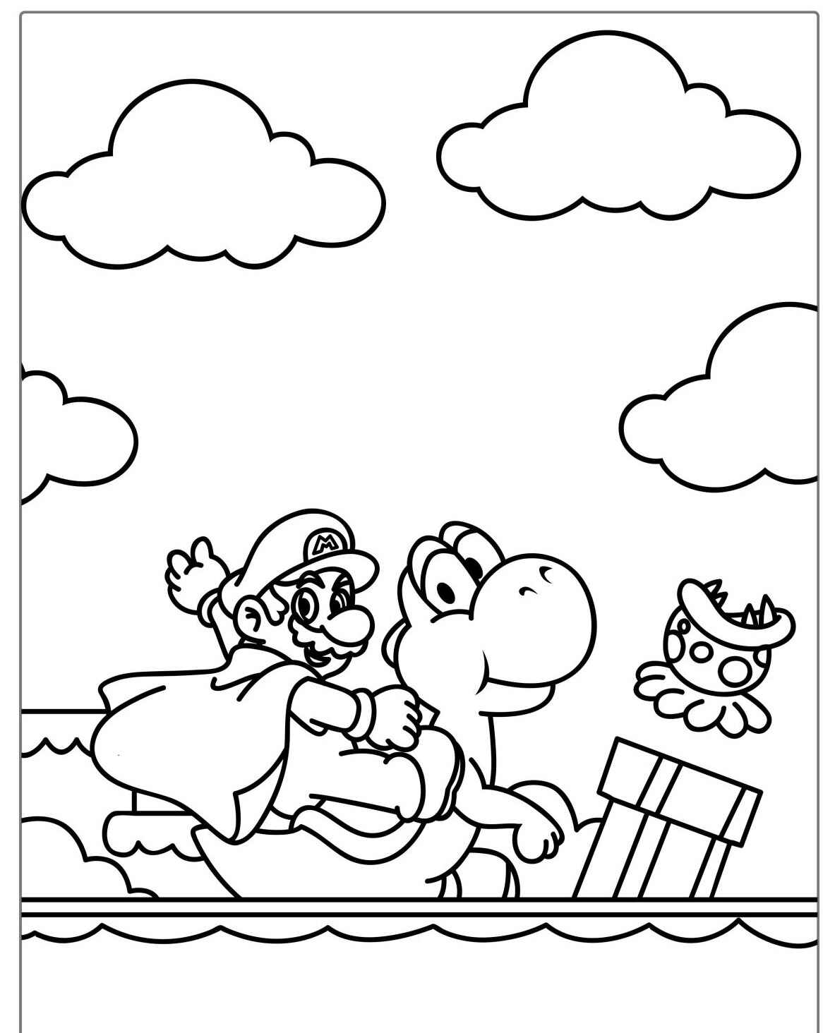 Desenho do Mario e Yoshi navegando em uma prancha para colorir