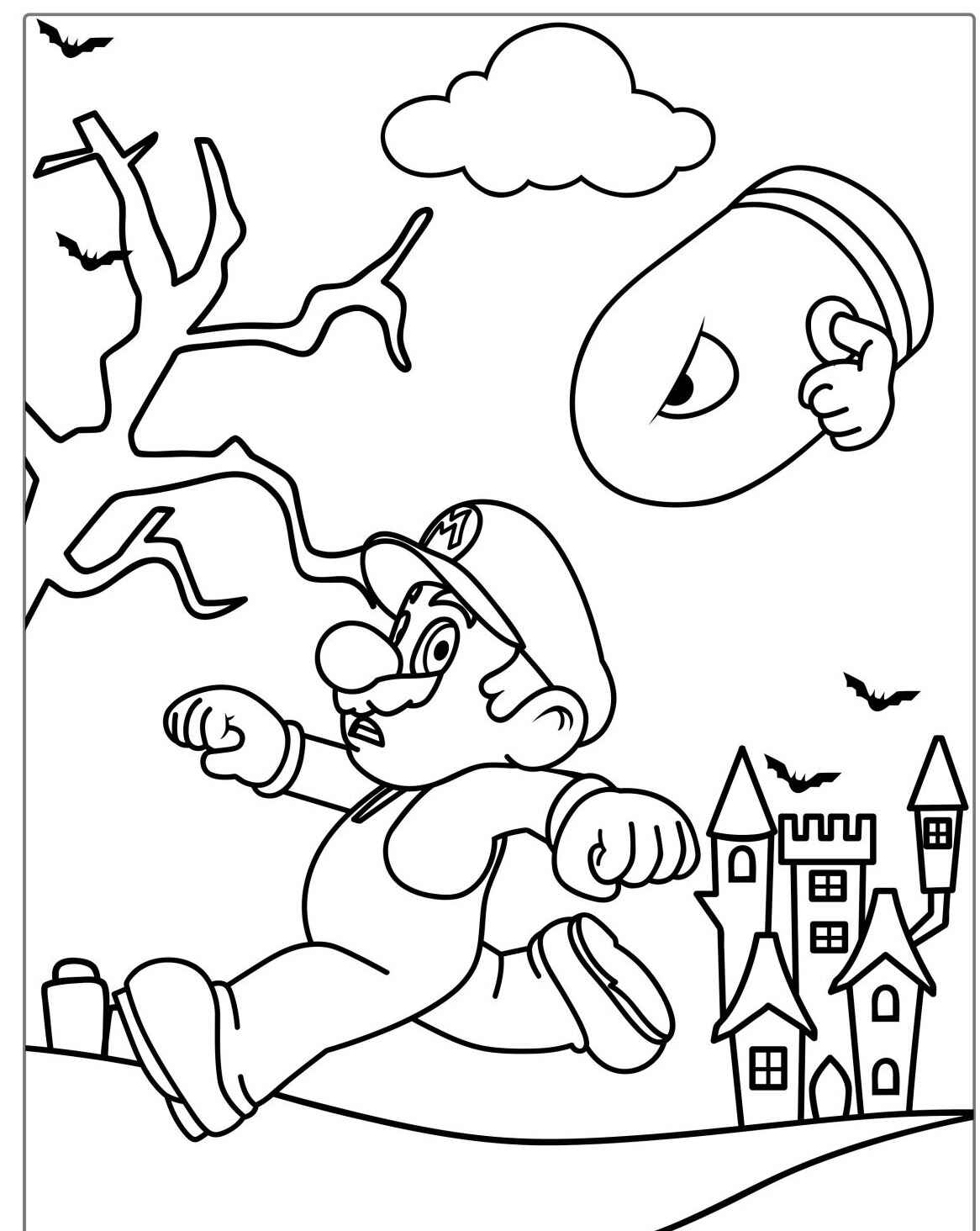 Desenho do Mario correndo perto de um castelo para colorir