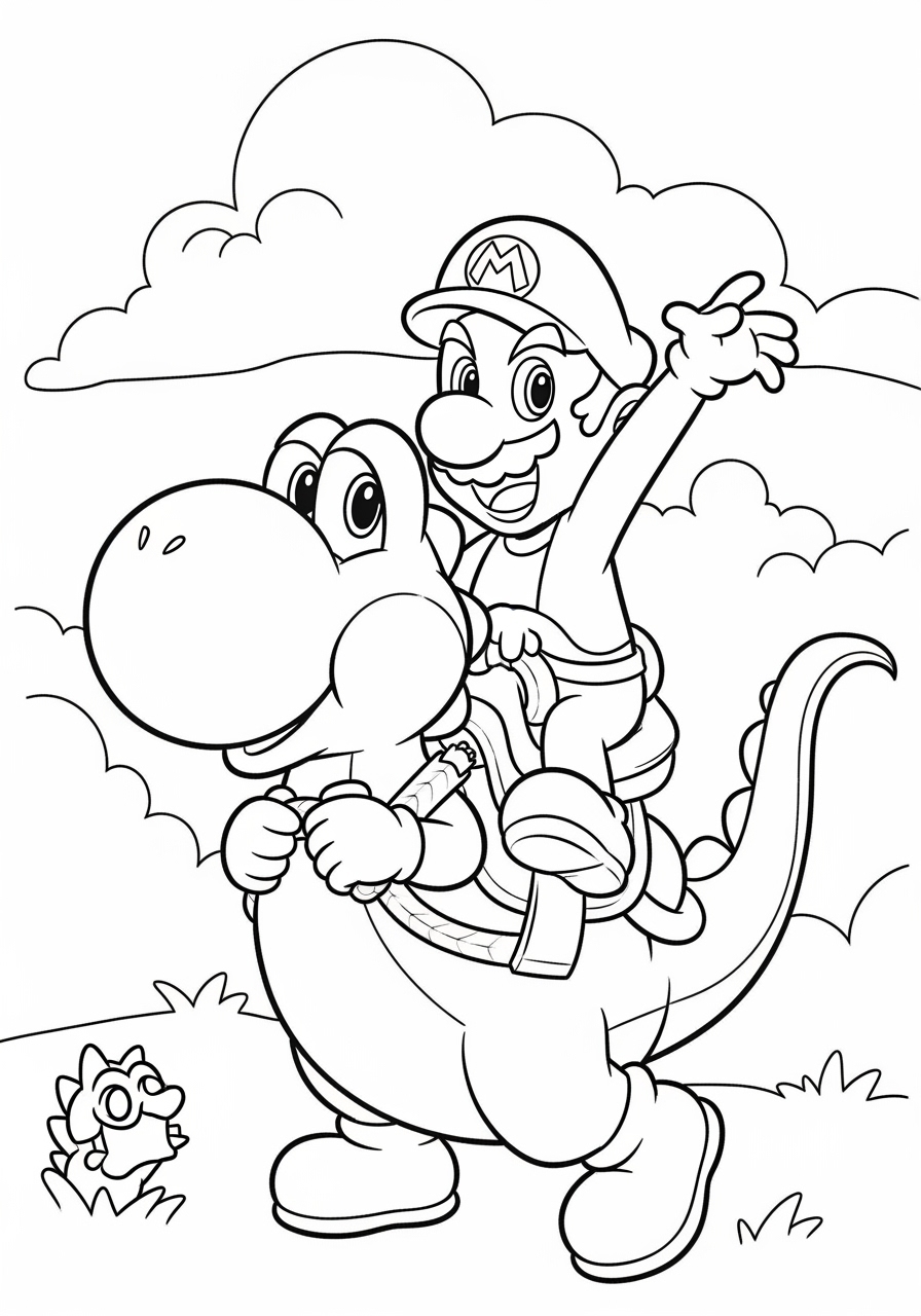 Desenho do Mario montando Yoshi para colorir