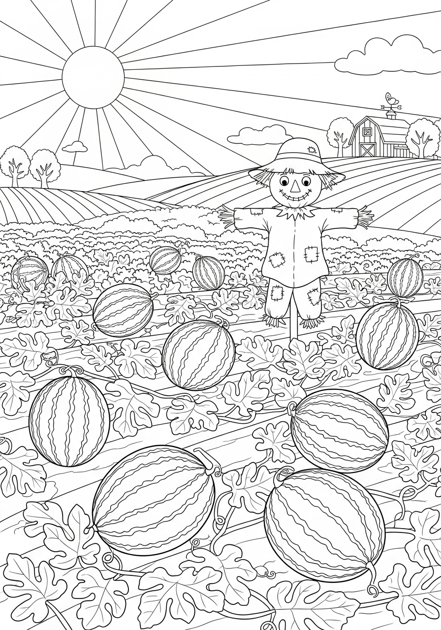 Desenho de Melancia na horta com espantalho para colorir