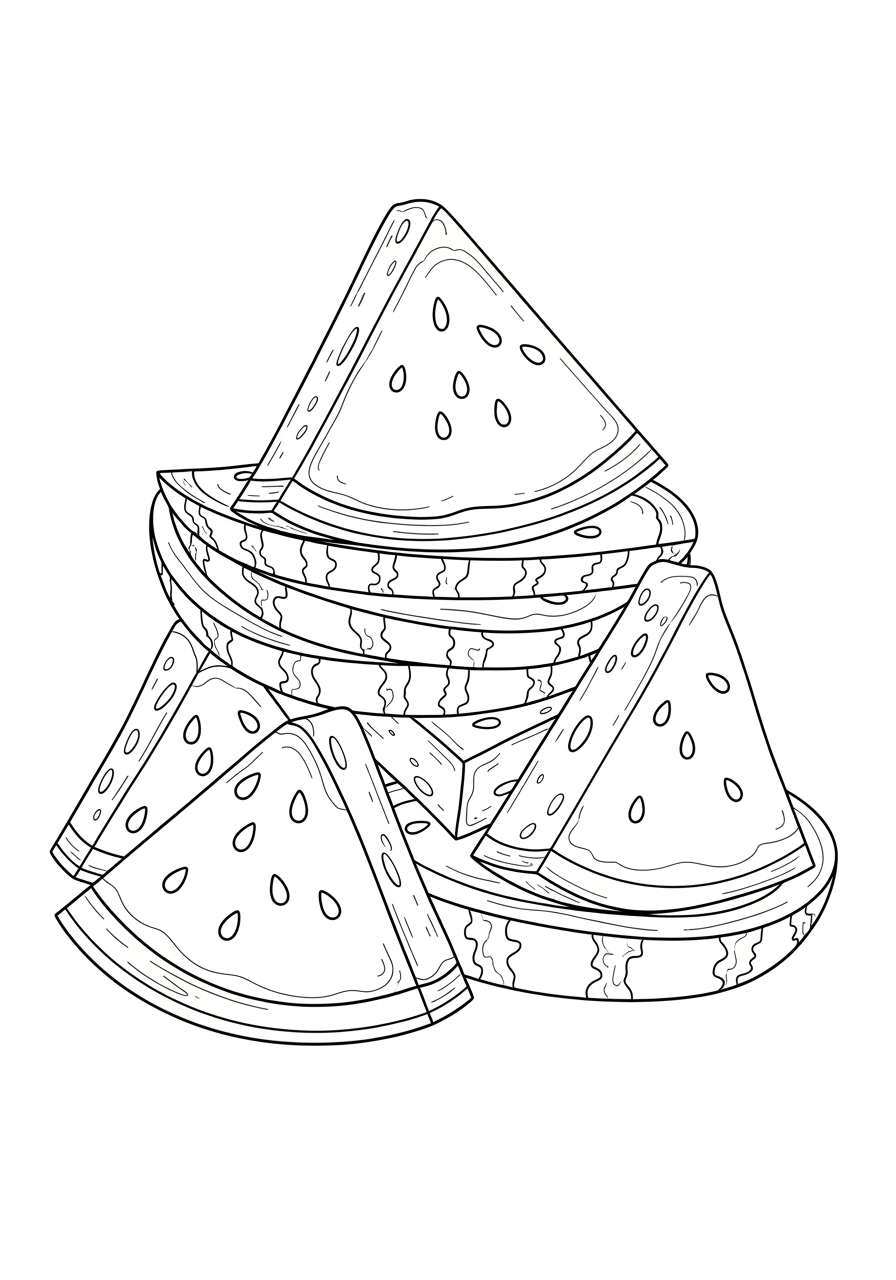 Desenho de Melancia em fatias empilhadas para colorir