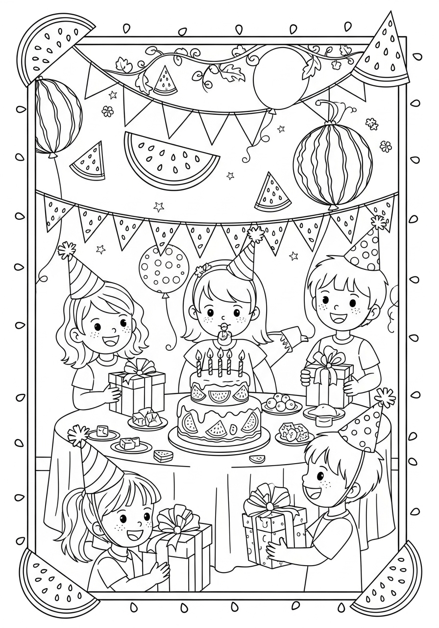 Desenho de festa com bolo e melancias para colorir