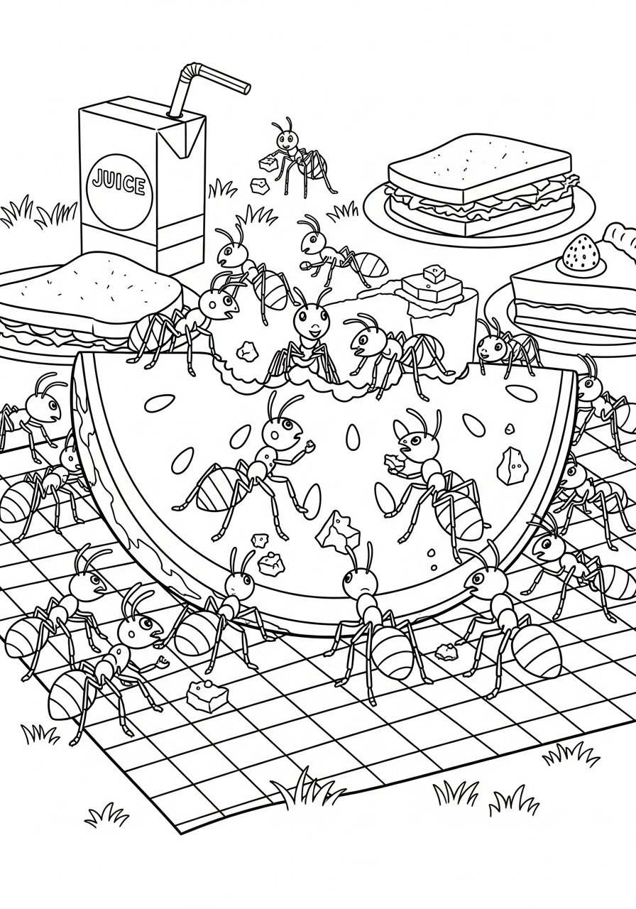 Desenho de Melancia com formigas no piquenique para colorir