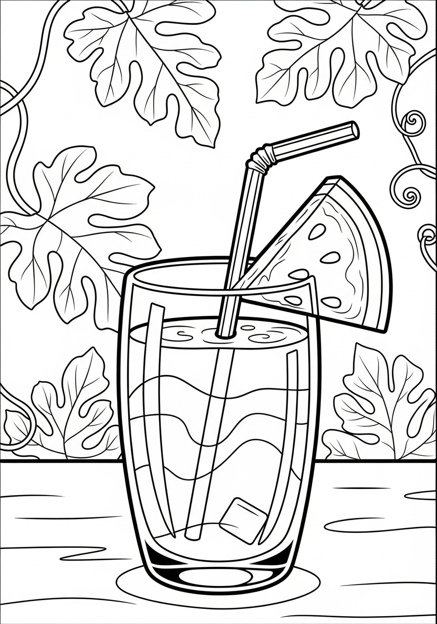 Desenho de Melancia em copo com canudo para colorir