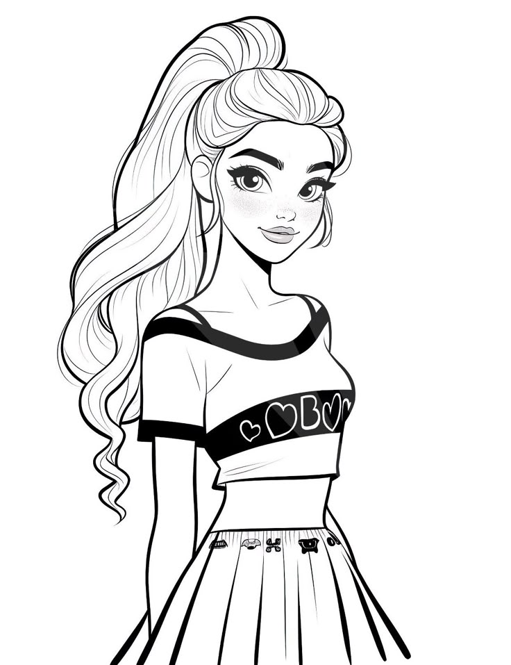 Desenho de Menina com cabelo longo e roupa estilosa para colorir