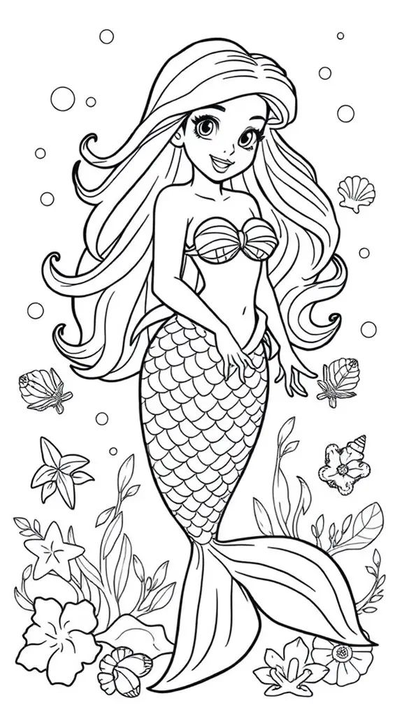 Desenho de Menina Sereia com flores e conchas para colorir