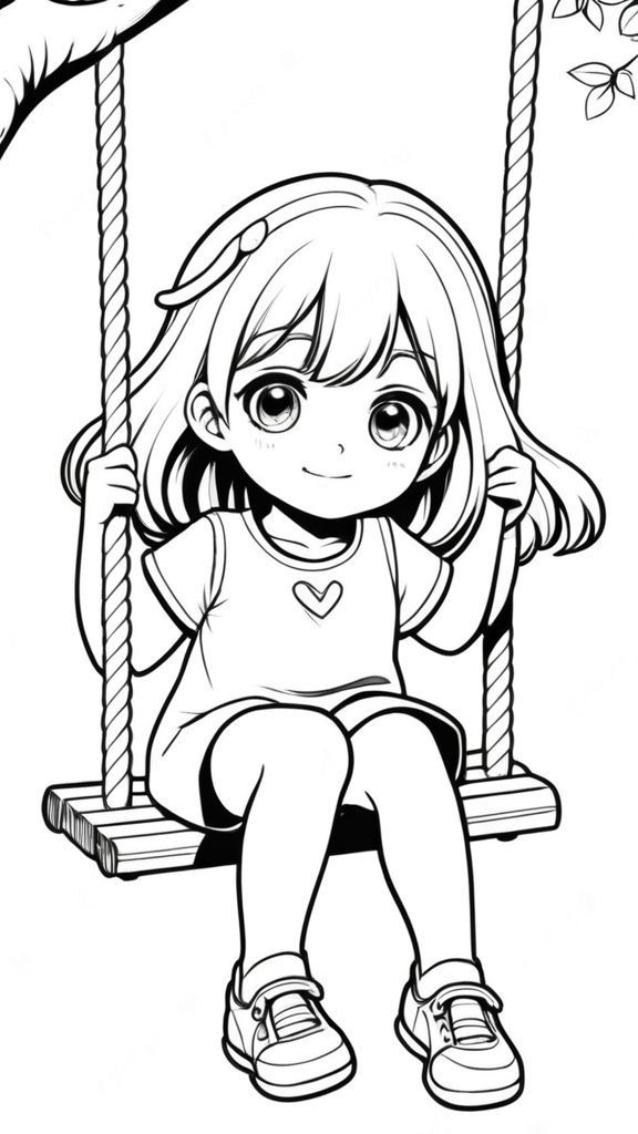 Desenho de Menina sorrindo no balanço para colorir
