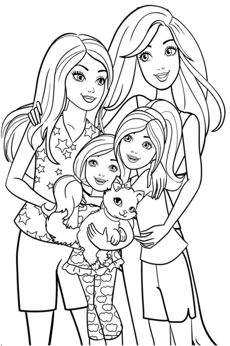 Desenho de Meninas posando com um animal para colorir