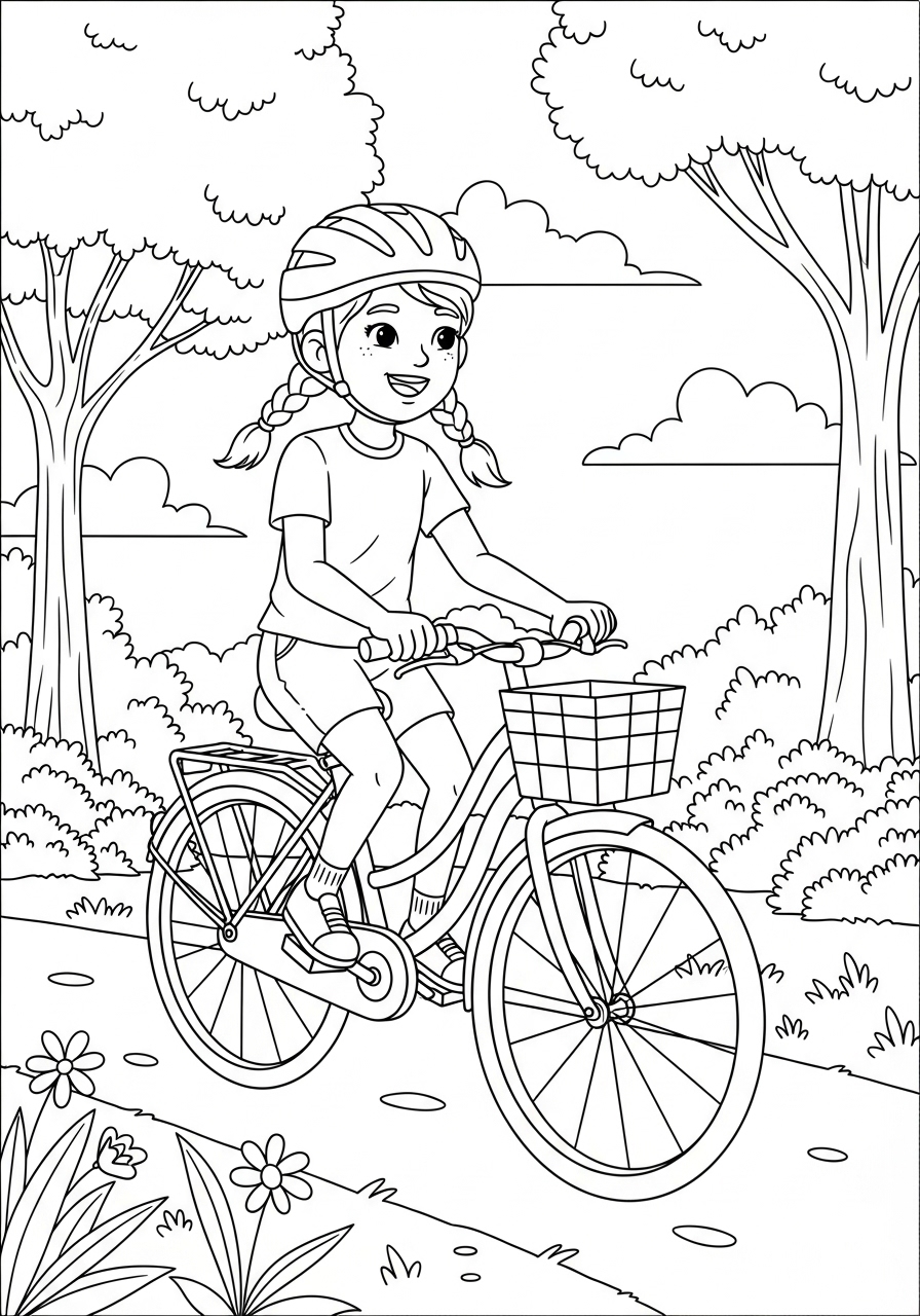 Desenho de Menina andando de bicicleta para colorir