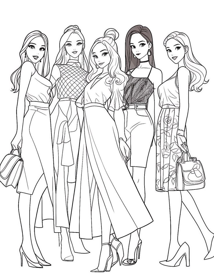 Desenho de Meninas estilizadas com moda elegante para colorir
