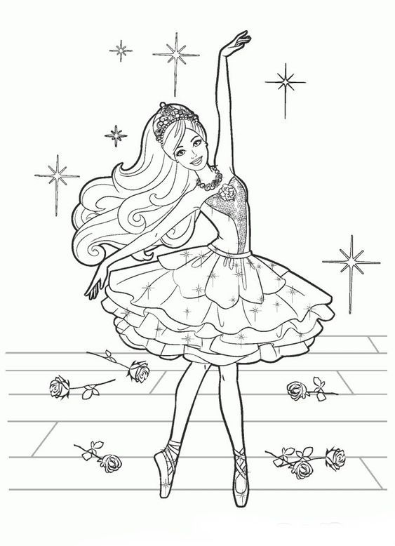 Desenho de Menina bailarina com vestido e flores para colorir