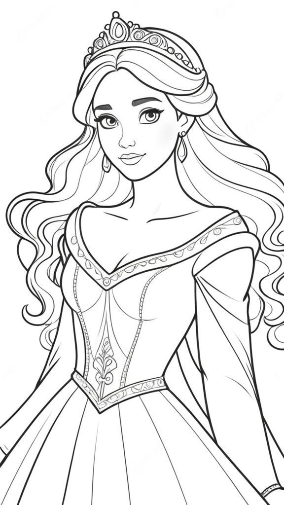 Desenho de Menina princesa com vestido longo para colorir