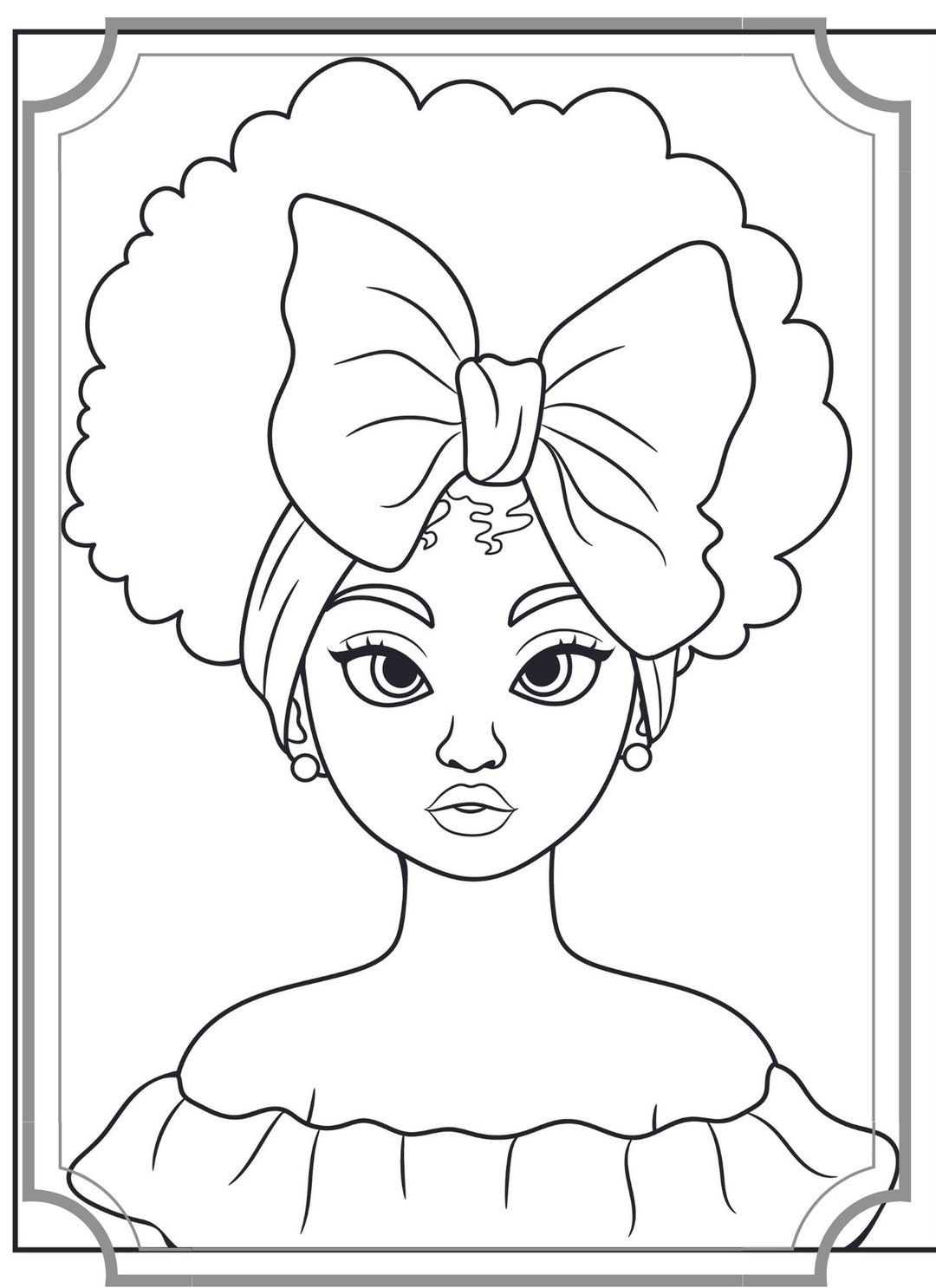 Desenho de Menina com cabelo afro e laço para colorir