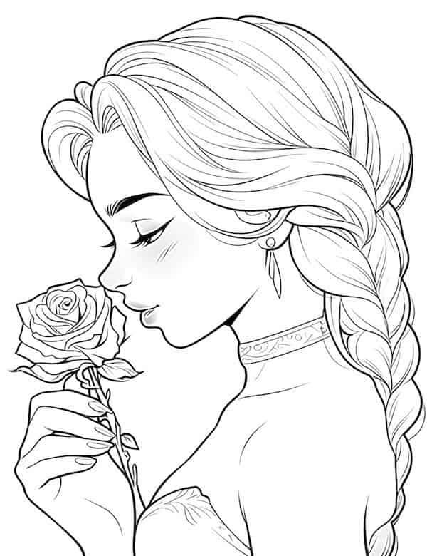 Desenho de Menina segurando rosa para colorir