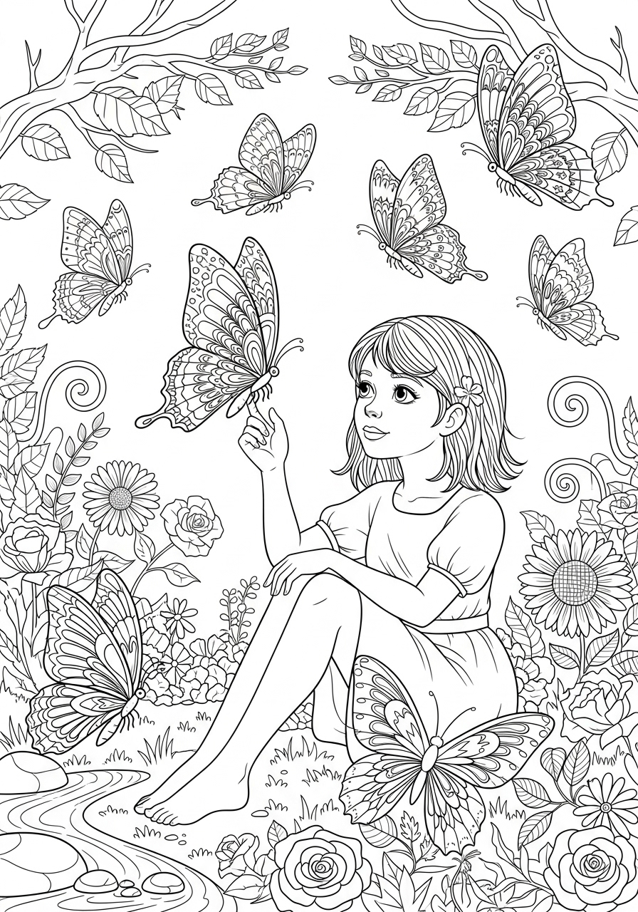 Desenho de Menina com borboletas em um jardim para colorir