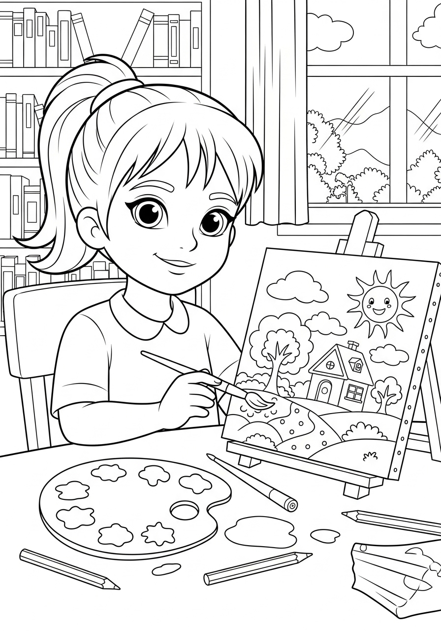 Desenho de Menina pintando em um estúdio para colorir