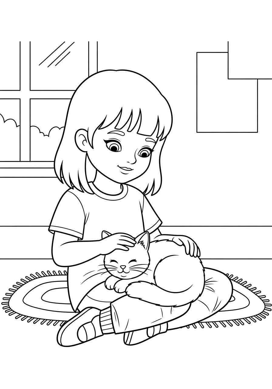 Desenho de Menina acariciando um gato para colorir