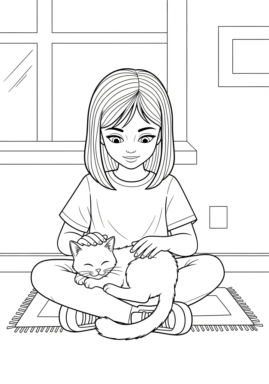 Desenho de Menina acariciando um gato para colorir