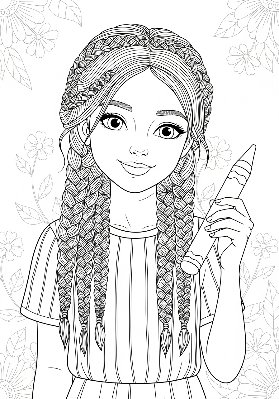Desenho de Menina segurando um lápis de cor para colorir