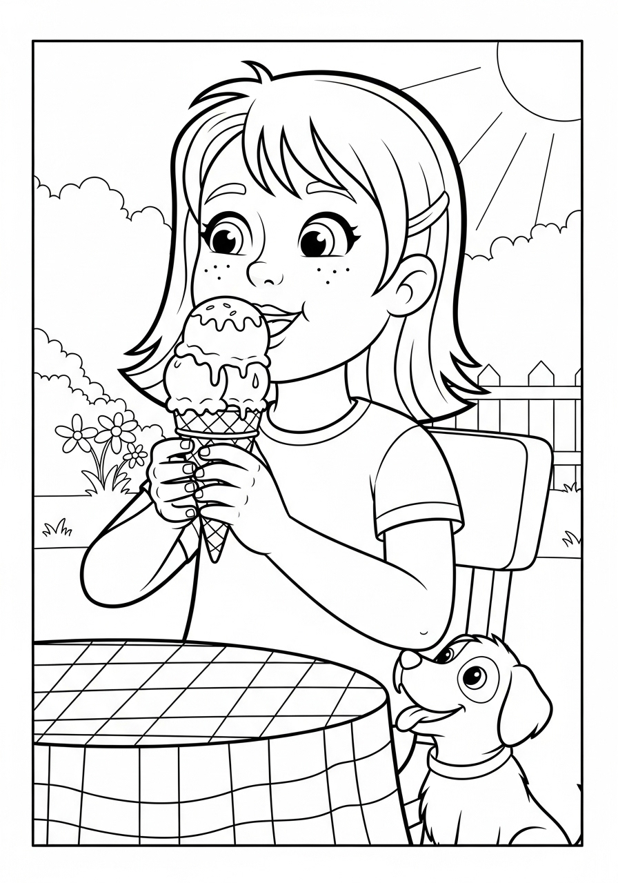 Desenho de Menina com sorvete e cachorro para colorir